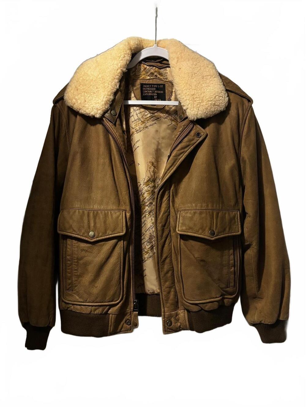 Adler Distressed Leather Jacket Type G-52 with Shearling Collar and Map Lining
